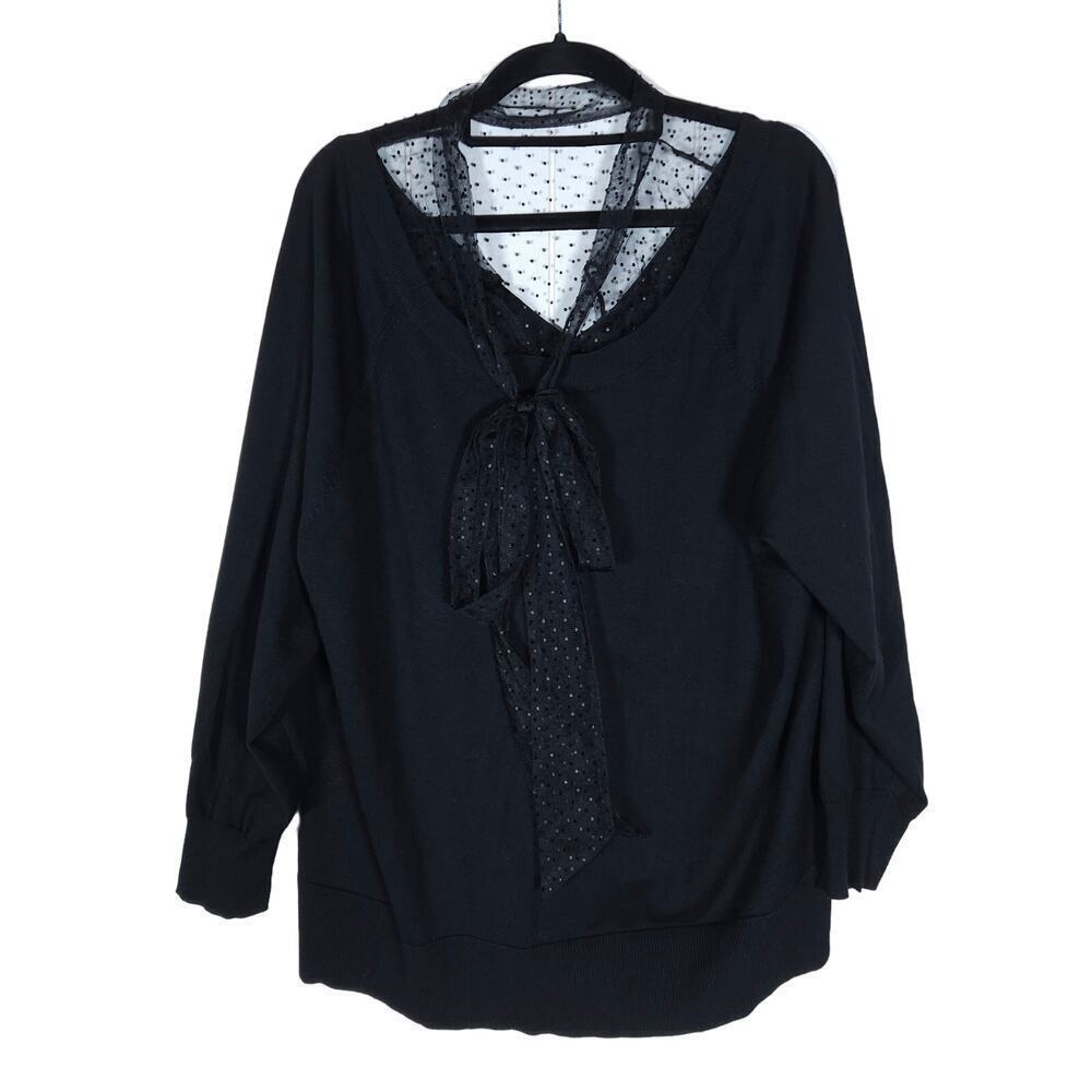 Eloquii Shirt 18 20 Black Polka Dot Mesh V Neck Long Sleeve Elastic Cuff Top - Picture 6 of 13